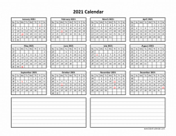 Blank Calendar 2021 (one page, horizontal, space for notes)