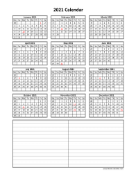 Blank Calendar 2021 (one page, vertical, space for notes)