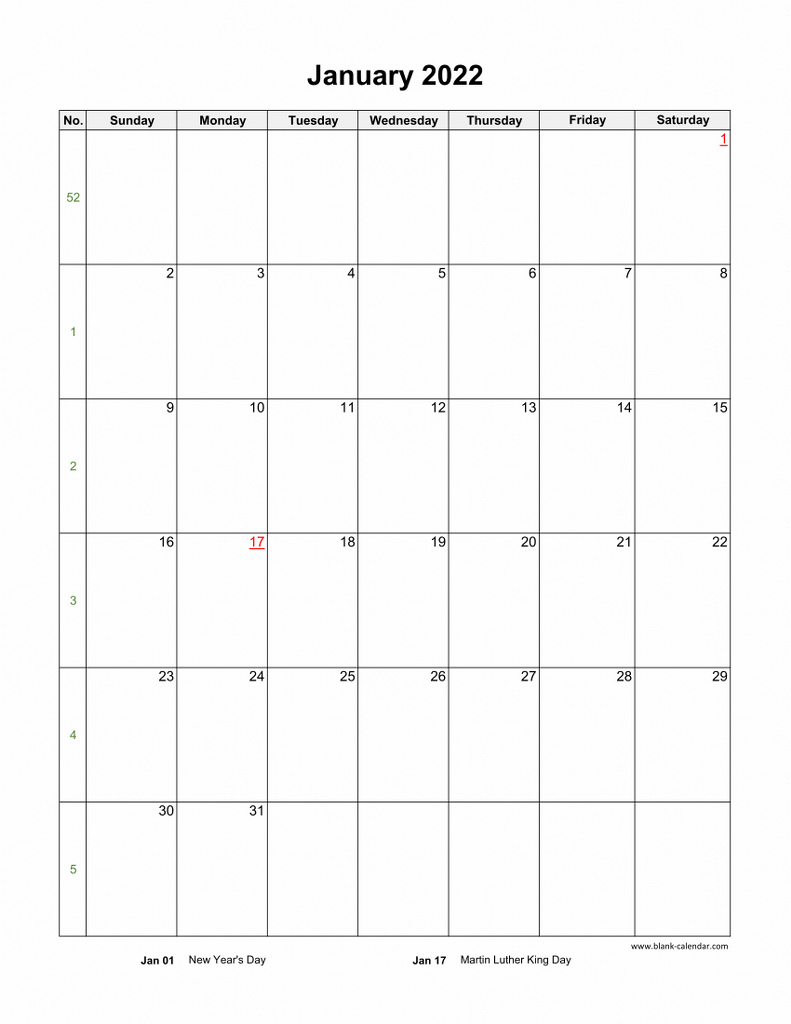 Download January 2022 Blank Calendar With Us Holidays Vertical