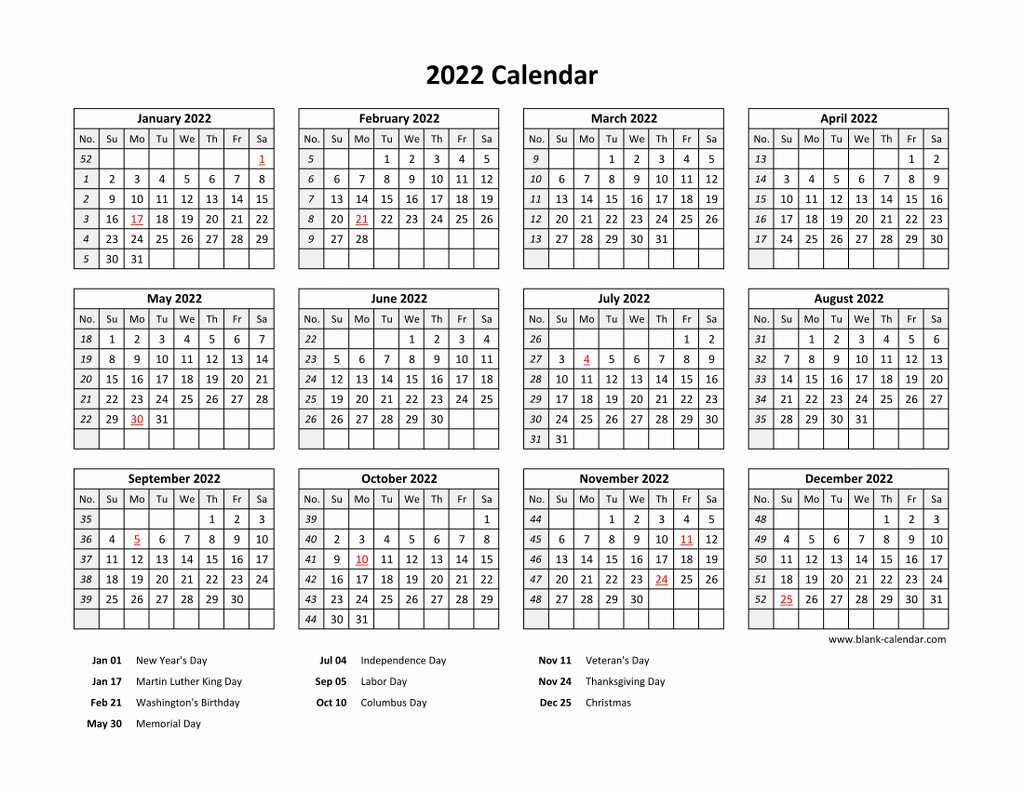 Free Download Printable Calendar 2022 With Us Federal Holidays One