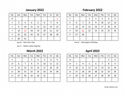 2022 Excel Calendar, four month in landscape format