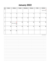 2022 Excel Calendar, large day boxes, space for notes (vertical)