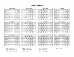 Yearly 2022 calendar with federal holidays