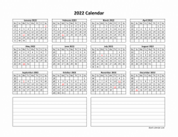 Yearly 2022 calendar template with space for notes