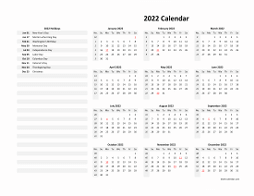Yearly 2022 calendar with US holidays on the left