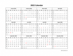 Yearly 2022 calendar template with simple design