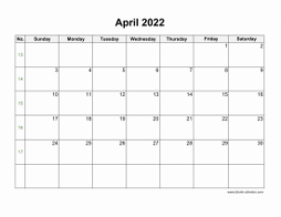 Blank Calendar for April 2022 (US Holidays, horizontal)
