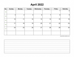 April 2022 Blank Calendar (Space for Notes, horizontal)