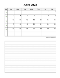 April 2022 Blank Calendar (Space for Notes, Vertical)