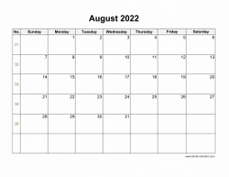 August 2022 Blank Calendar (horizontal)
