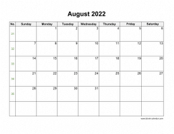 August 2022 Blank Calendar with US Holidays (horizontal)