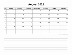 August 2022 Blank Calendar (horizontal, space for notes)