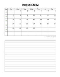 August 2022 Blank Calendar (vertical, space for notes)