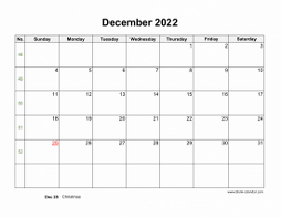 December 2022 blank calendar (horizontal)
