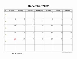 Blank Calendar for December 2022 (US Holidays, horizontal)