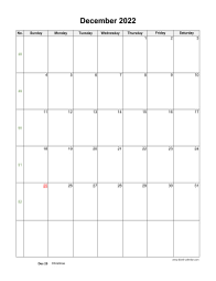 December 2022 Blank Calendar (US Holidays, vertical)