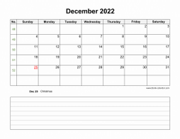 December 2022 Blank Calendar (Space for Notes, horizontal)