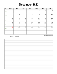 December 2022 Blank Calendar (Space for Notes, Vertical)