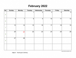 February 2022 Blank Calendar (horizontal)