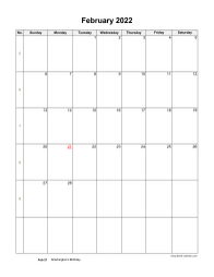 February 2022 Blank Calendar (US Holidays, vertical)