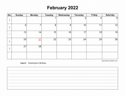 February 2022 Blank Calendar (horizontal, space for notes)
