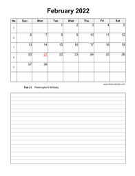 February 2022 Blank Calendar (vertical, space for notes)