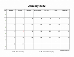 January 2022 Blank Calendar with US Holidays (horizontal)