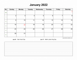 January 2022 Blank Calendar (horizontal, space for notes)