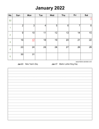 January 2022 Blank Calendar (vertical, space for notes)