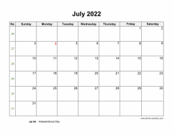 July 2022 Blank Calendar (horizontal)