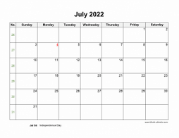 July 2022 Blank Calendar with US Holidays (horizontal)