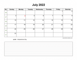 July 2022 Blank Calendar (horizontal, space for notes)