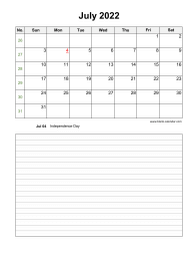 July 2022 Blank Calendar (vertical, space for notes)