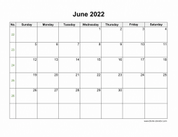 June 2022 Blank Calendar (horizontal)