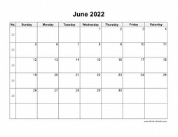 June 2022 Blank Calendar with US Holidays (horizontal)