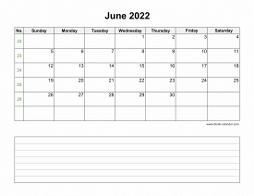 June 2022 Blank Calendar (horizontal, space for notes)