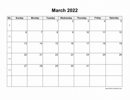 March 2022 Blank Calendar with US Holidays (horizontal)