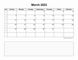 March 2022 Blank Calendar (horizontal, space for notes)
