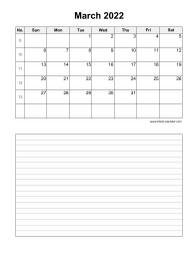 March 2022 Blank Calendar (Space for Notes, Vertical)