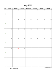 May 2022 Blank Calendar (US Holidays, vertical)
