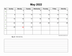 May 2022 Blank Calendar (horizontal, space for notes)