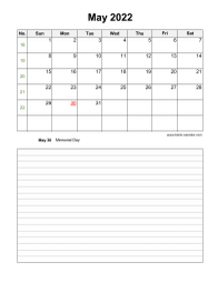 May 2022 Blank Calendar (vertical, space for notes)