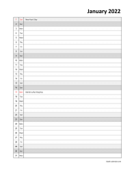 Monthly 2022 calendar, days vertically, space for appointment