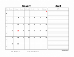 Monthly 2022 calendar with week numbers, space for notes on the right