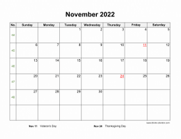 November 2022 Blank Calendar (horizontal)