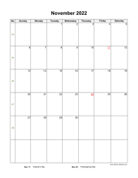 November 2022 Blank Calendar (US Holidays, vertical)