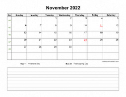 November 2022 Blank Calendar (horizontal, space for notes)