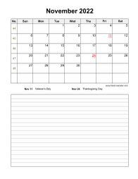 November 2022 Blank Calendar (vertical, space for notes)