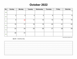 October 2022 Blank Calendar (Space for Notes, horizontal)