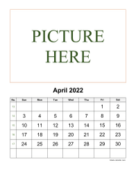 Printable April 2022 Calendar, pictures can be placed at the top